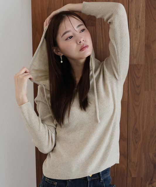 【早割5％OFF】ウール混ヘンリーネックリブニットフーディー