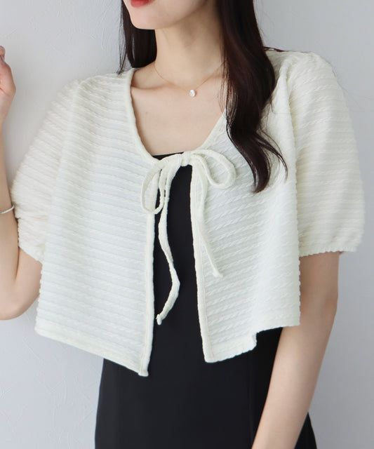 【SALE】半袖ケーブル柄リボンカーディガン