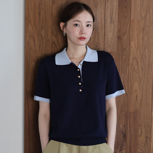 【早割5％OFF】ゴールドボタン配色ポロネックニット【メール便】