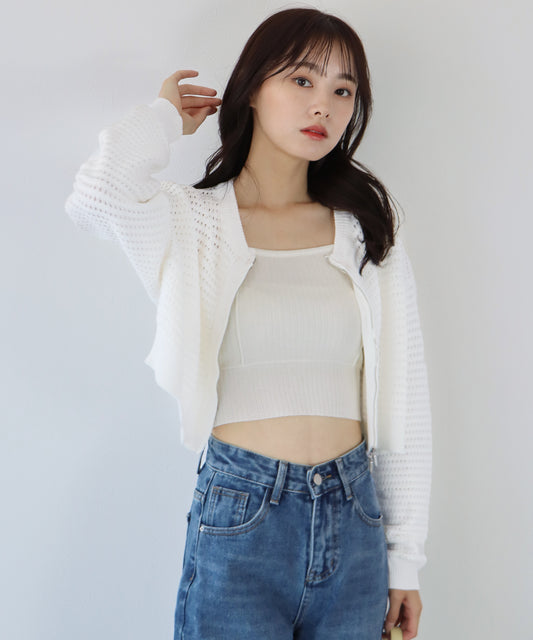 【SALE】2WAYジップメッシュニットカーディガン