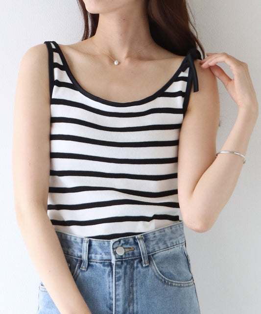 【SALE】ショルダーリボンボーダーキャミソール【ネコポス】