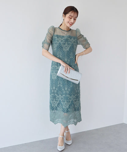 【SALE】シースルー刺繍レースIラインパーティードレス
