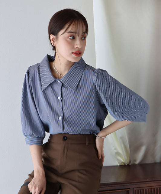 【SALE】パフスリーブストライプ&無地シャツ【ネコポス】